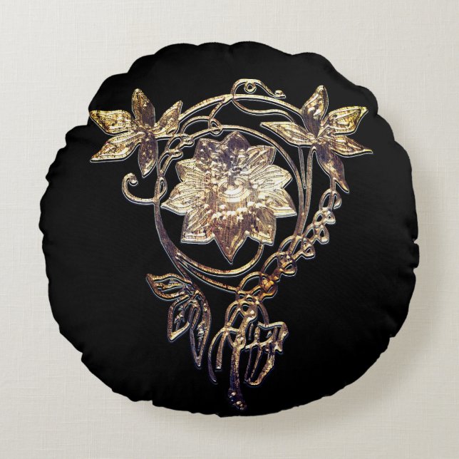Art nouveau flower jewel Victorian gold and black Round Pillow (Front)