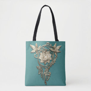 Art nouveau flower jewel Victorian gold and teal Tote Bag