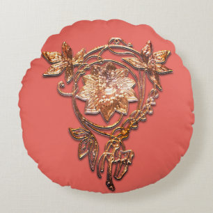 Art nouveau flower jewel Victorian gold peach Round Pillow