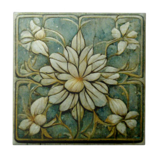 Art Nouveau Flowers on Muted French Pastel Blue Tile