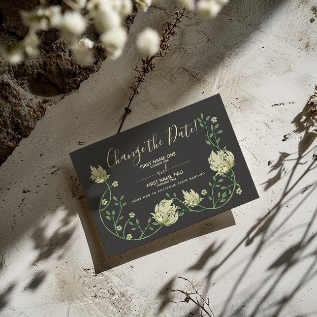 Art nouveau flowers pretty change the date card (Pretty art nouveau change the date, cream flowers and green vines on a dark background.)