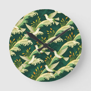 Art Nouveau Flying Bird Pattern Elegant Nature Round Clock