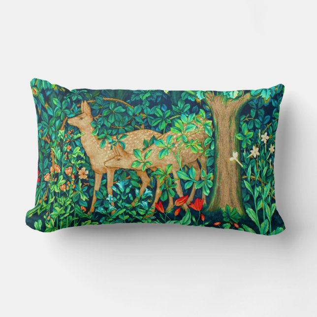 Art Nouveau Forest Deer Tapestry Print Lumbar Pillow (Front)