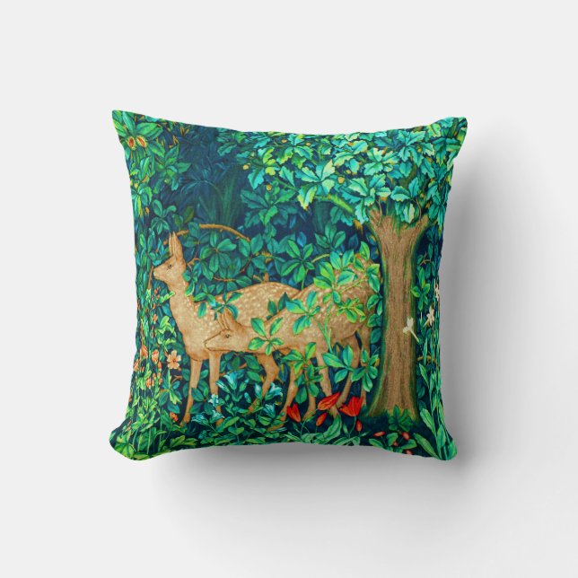 Art Nouveau Forest Deer Tapestry Print Throw Pillow (Front)