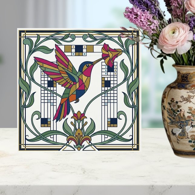 Art Nouveau Geometric Bird Flower Ceramic Tile (Creator Uploaded)