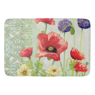 Art Nouveau Geometric Pattern Poppy Flowers Bath Mat