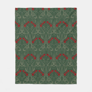 Art Nouveau Geometric Poppies and Sinuous Stems Fleece Blanket