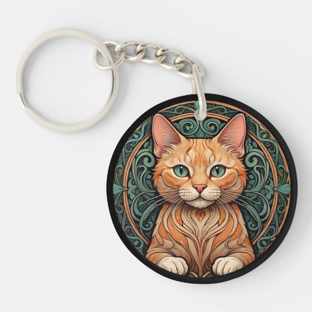 Art Nouveau Ginger Cat Personalize Keychain (Front)