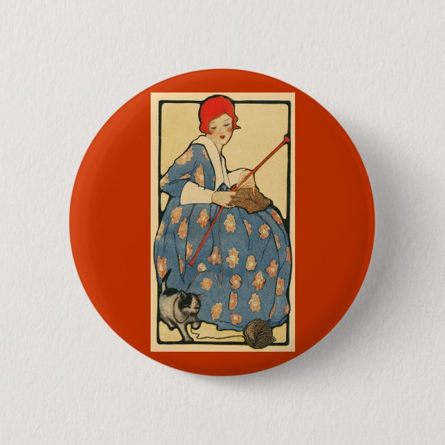 Art Nouveau -Girl knitting with her cat 2 Inch Round Button (Front)
