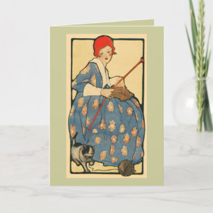 Art Nouveau -Girl knitting with her cat Card