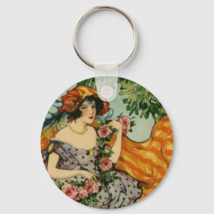 Art Nouveau Girl with Flowers Keychain