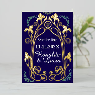 Art Nouveau Gold Blue Botanical Save the Date