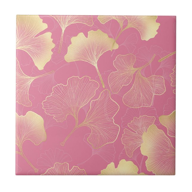 Art Nouveau Gold Ginkgo Leaf Blush Pattern Tile (Front)