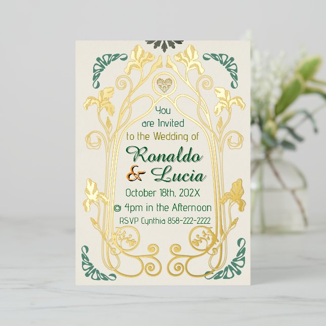 Art Nouveau Gold Green Botanical Invitation (Standing Front)