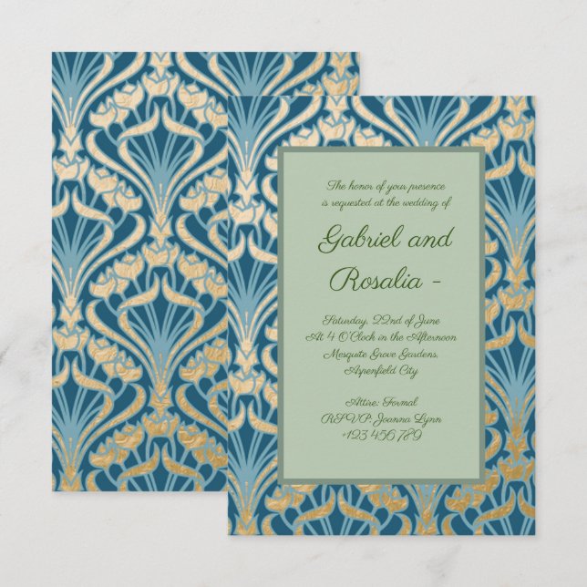 Art Nouveau,gold,teal,damask,floral,pattern,chic Save The Date (Front/Back)