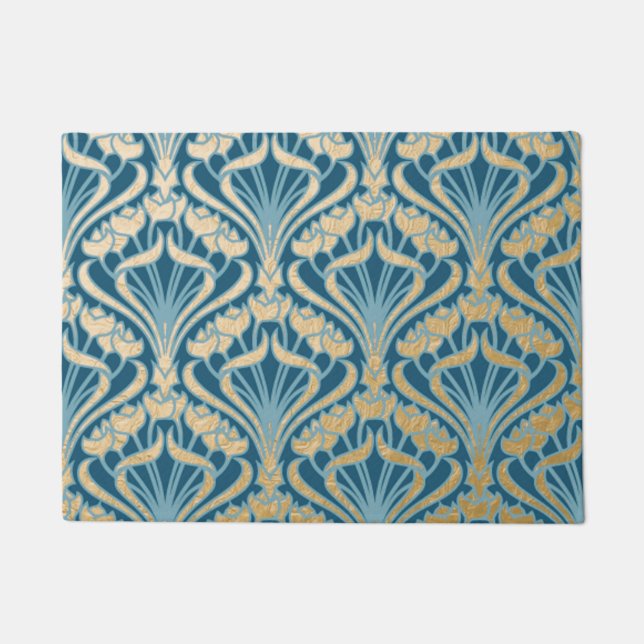 Art Nouveau,gold,teal,damask,floral,pattern,chic,V Doormat (Front)