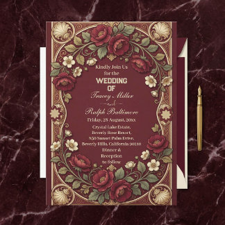 Art Nouveau Golden Burgundy Roses Elegant Wedding Invitation