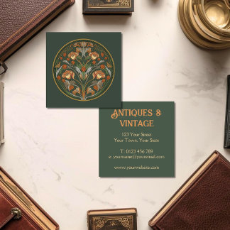 Art Nouveau Green Cream Square Business Card