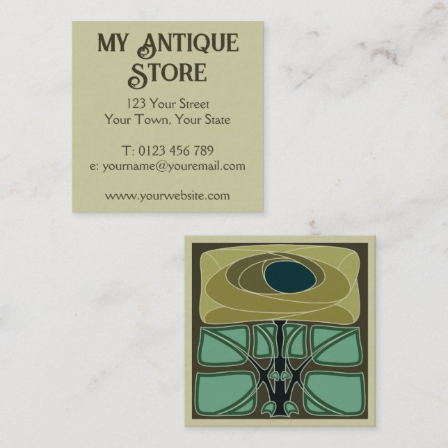 Art Nouveau Green Cream Square Business Card (Front/Back)
