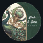 Art Nouveau Green Emerald Vintage Peacock Wedding Classic Round Sticker<br><div class="desc">customize with any text.</div>