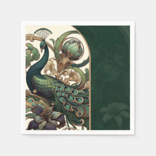 Art Nouveau Green Emerald Vintage Peacock Wedding Napkin