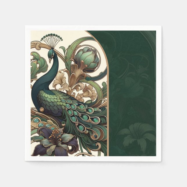 Art Nouveau Green Emerald Vintage Peacock Wedding Napkin (Front)