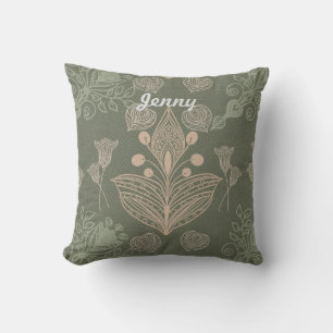 Art Nouveau Green Floral Personalized  Throw Pillow