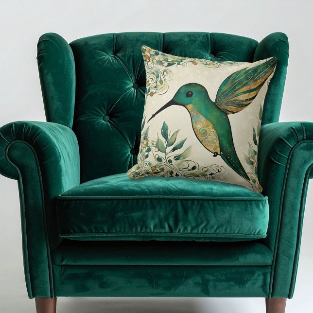 Art Nouveau Green Hummingbird Throw Pillow (Creator Uploaded)