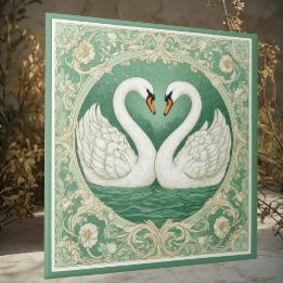 Art Nouveau Green Swan Couple Lake Floral Motifs Tile