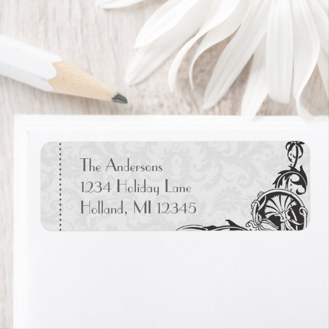Art Nouveau Gris Damas Retourner l'adresse Étiquet (En situation)