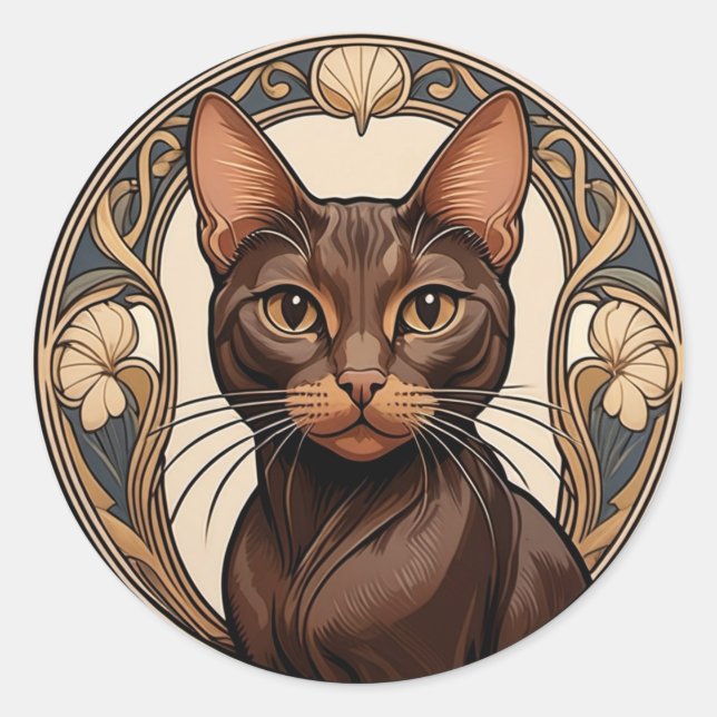 Art Nouveau Havana Brown Cat Classic Round Sticker (Front)
