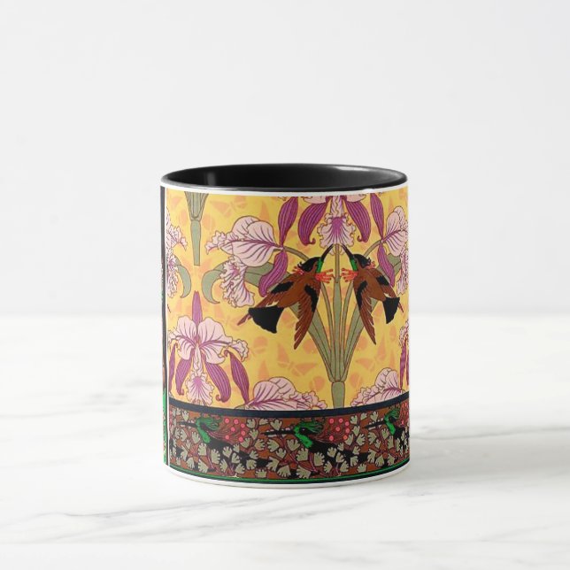 Art nouveau hummingbird and flower tile pattern mug (Center)