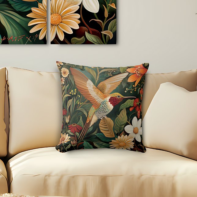 Art Nouveau Hummingbird in Flight Throw Pillow (Creator Uploaded)