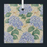 Art Nouveau Hydrangea Pattern with Dragonflies Glass Ornament<br><div class="desc">Bring timeless elegance to your space with this Art Nouveau–inspired hydrangea pattern,  featuring soft blue hydrangea blooms,  lush sage green leaves,  and delicate golden dragonflies set against a subtle ornamental background.
This vintage botanical design blends classic Art Nouveau curves with a light,  airy floral palette.</div>
