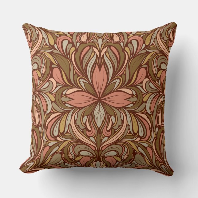 Art Nouveau Inspired Brown, Peach, Sage Throw Pillow (Front)