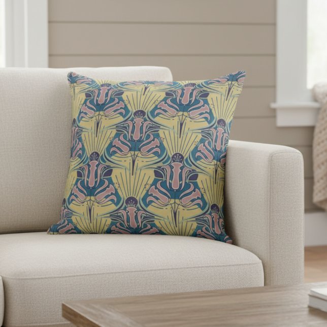 Art Nouveau Inspired Modern Floral Pattern Blue Throw Pillow (Creator Uploaded)
