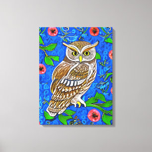 Art Nouveau Inspired Owl, Brown on Cobalt Blue Canvas Print