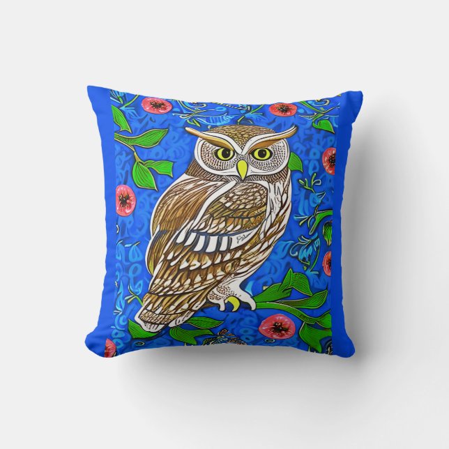 Art Nouveau Inspired Owl, Brown on Cobalt Blue Throw Pillow (Front)