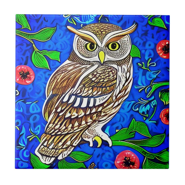 Art Nouveau Inspired Owl, Brown on Cobalt Blue Tile (Front)