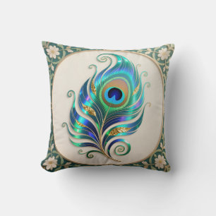 Art Nouveau Iridescent Peacock Feather Throw Pillow