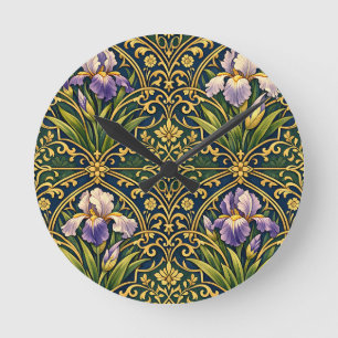 Art Nouveau Iris Floral Damask Round Clock