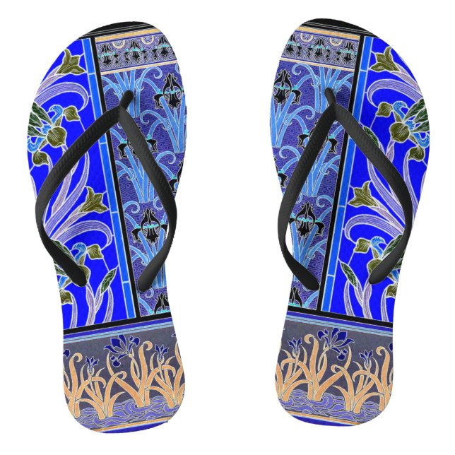 Art nouveau iris flower elegant blue black verneui flip flops (Footbed)