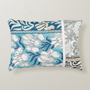 Art nouveau iris lily floral textile art blue accent pillow