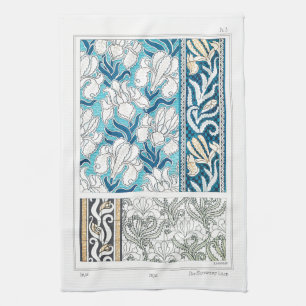 Art nouveau iris lily floral textile art blue  kitchen towel