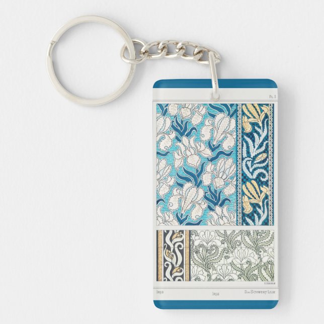 Art nouveau iris lily floral textile art keychain (Front)