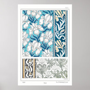 Art nouveau iris lily floral textile art poster