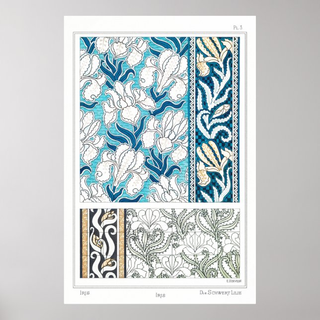 Art nouveau iris lily floral textile art poster (Front)