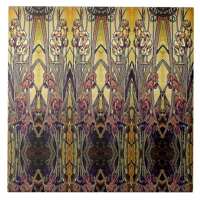 Art nouveau iris pattern gold bronze red elegant  tile (Front)