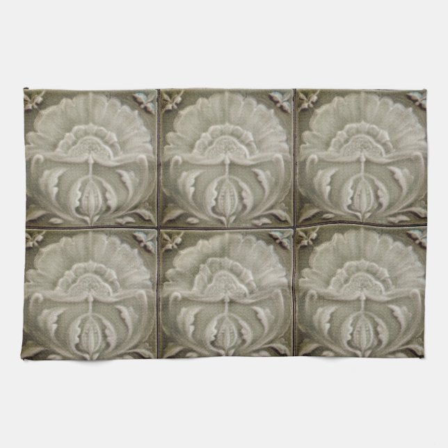 Art nouveau jugendstil flower tile design brown kitchen towel (Horizontal)
