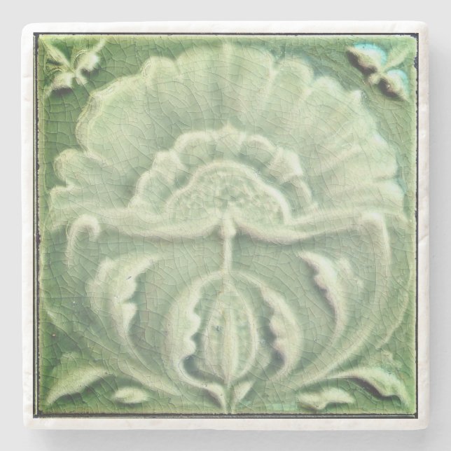 Art nouveau jugendstil flower tile design green  stone coaster (Front)